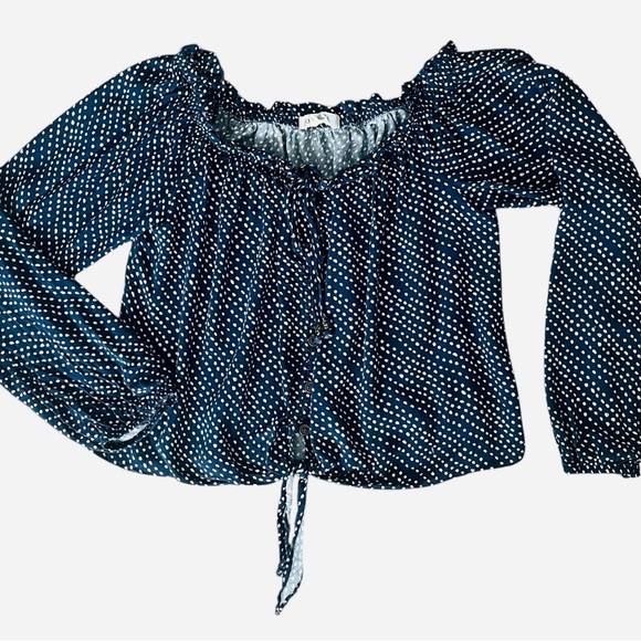Jolt semi-formal/ casual top blouse M navy white polkadot ruched neck buttons - Picture 6 of 13